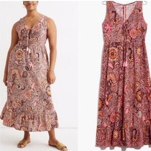 Madewell Lace Up Ruffle Hem Bali Blooms Sleeveless Pink Cotton Boho Midi Dress